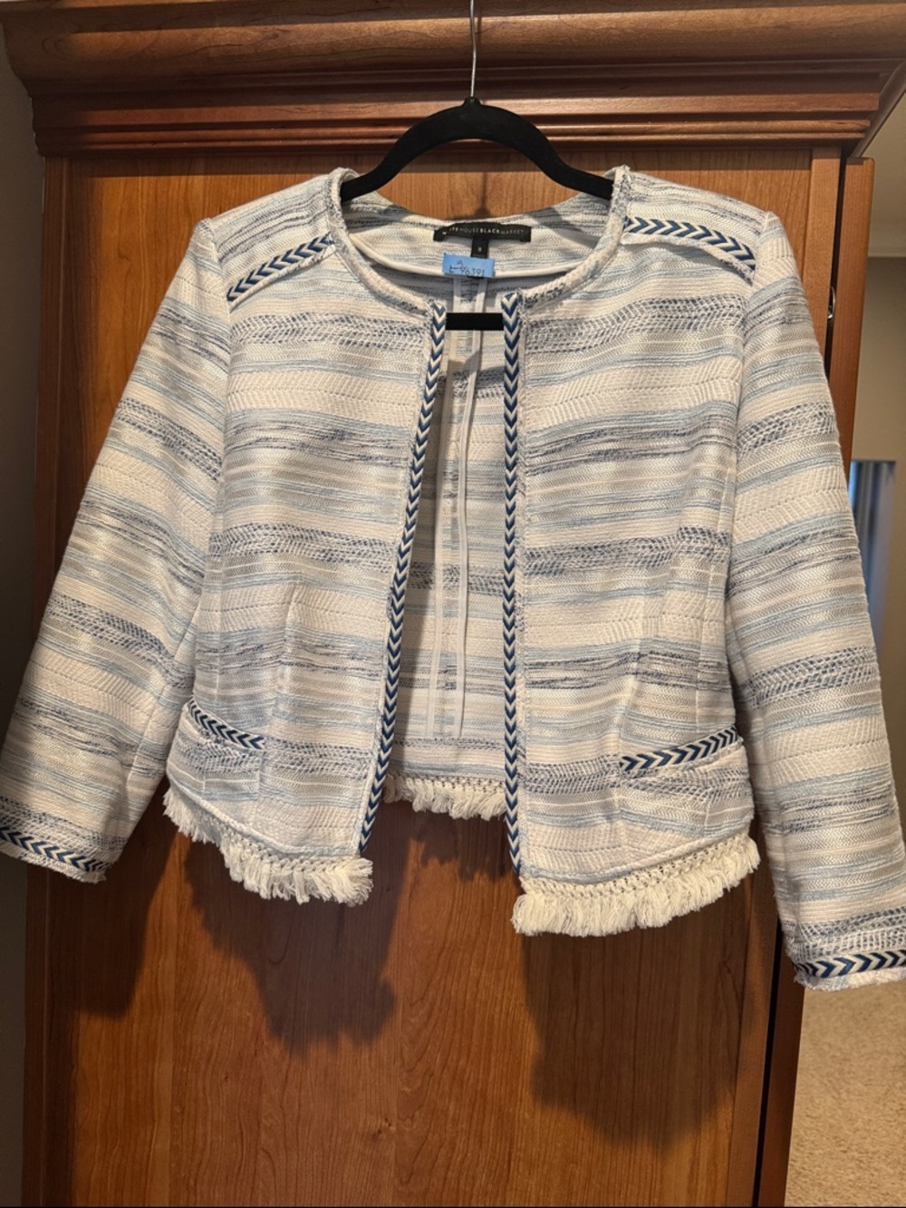 White House Black Market Blue & White Fringe Tweed Open Jacket